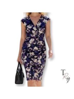 Lauren Ralph Lauren  Blue Purple Floral Faux Wrap Sheath Cocktail Dress Size 14